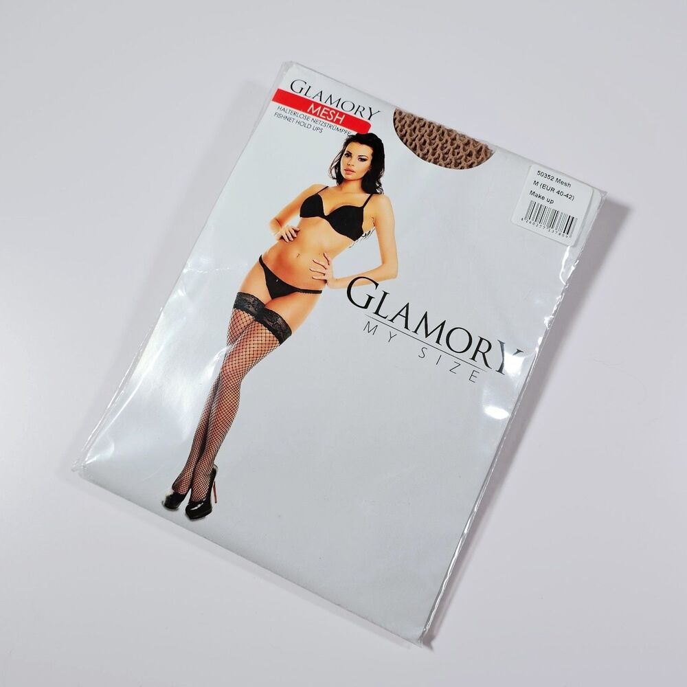 Glamory Hosiery Mesh Beige Fishnet Hold Ups Stockings Size M US 10-12